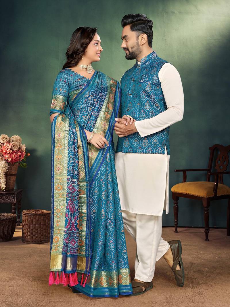 Sky blue color jacquard weaving silk  couple combo men's kurta & pajama koti & women saree set