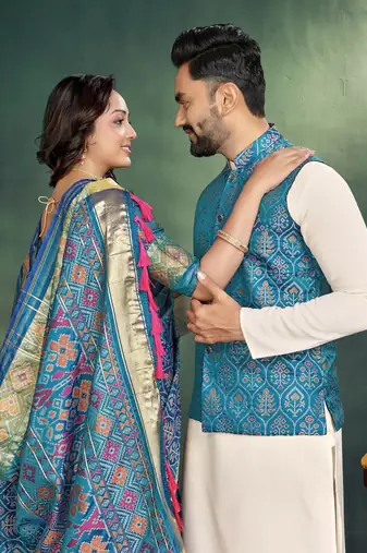 Sky blue color jacquard weaving silk blend  couple combo men's kurta & pajama koti & women saree set