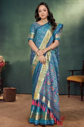Sky blue color jacquard weaving silk blend  couple combo men's kurta & pajama koti & women saree set