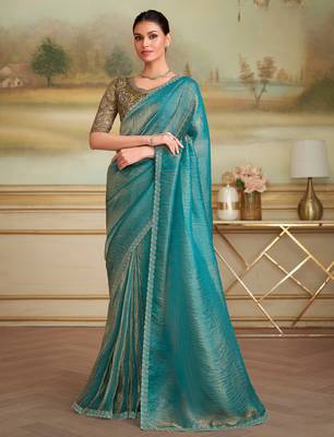 golden blue checks georgette saree with tussar silk blend blouse  1