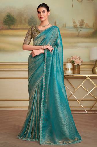 golden blue checks georgette saree with tussar silk blend blouse 