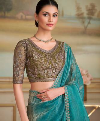 golden blue checks georgette saree with tussar silk blend blouse  2
