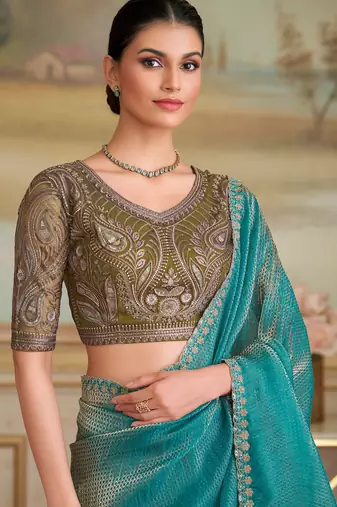 golden blue checks georgette saree with tussar silk blend blouse 