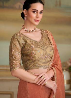 rust orange gold georgette saree with tussar silk blend blouse  2