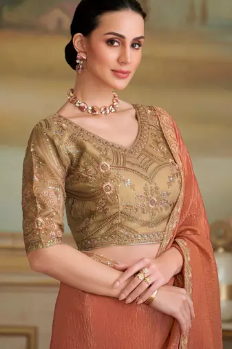 rust orange gold georgette saree with tussar silk blend blouse 