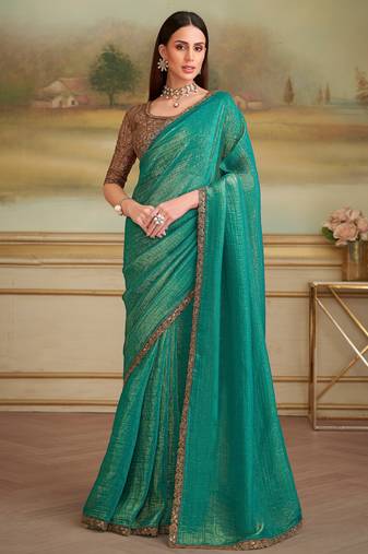 green gold georgette saree with tussar silk blend blouse