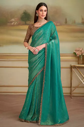 green gold georgette saree with tussar silk blend blouse