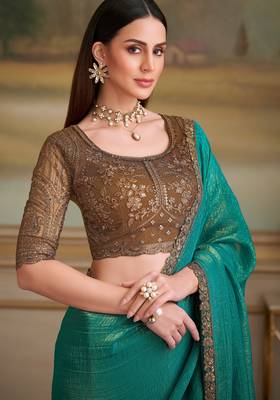 green gold georgette saree with tussar silk blend blouse 2