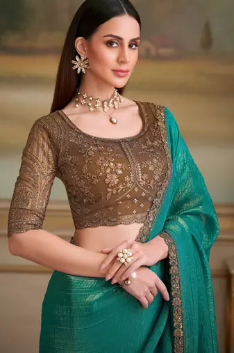 green gold georgette saree with tussar silk blend blouse