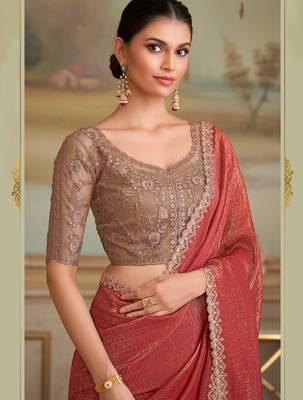 rust gold georgette saree with tussar silk blend blouse  2