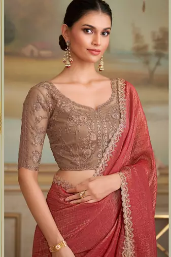 rust gold georgette saree with tussar silk blend blouse 