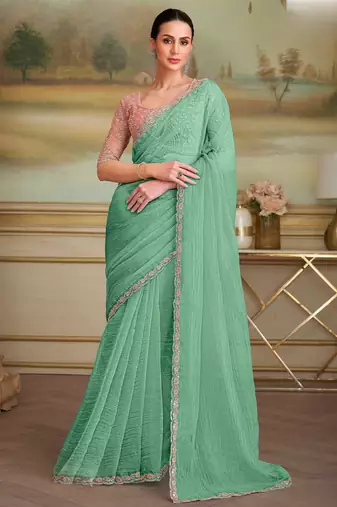 tissue crash georgette saree with tussar silk blend blouse 