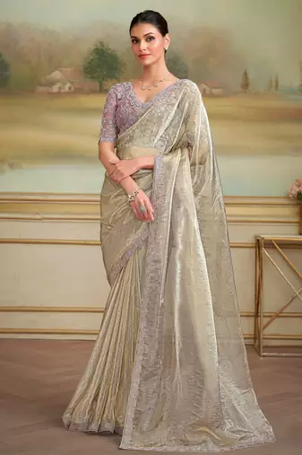 tissue georgette silk blend saree with tussar silk blend blouse