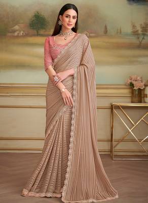 chikoo satin pattern georgette saree with tussar silk blend blouse  1