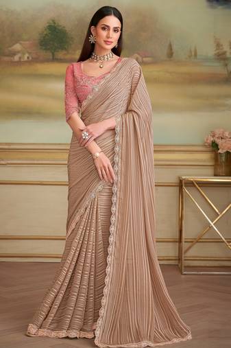 chikoo satin pattern georgette saree with tussar silk blend blouse 