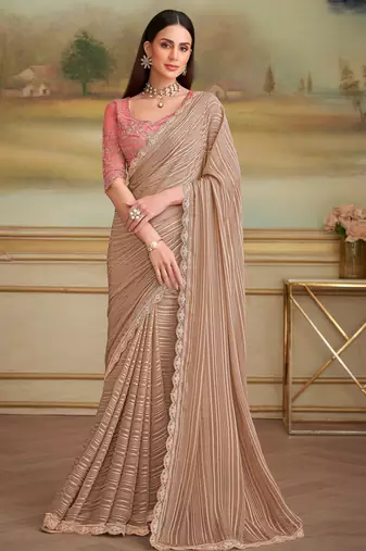 chikoo satin pattern georgette saree with tussar silk blend blouse 
