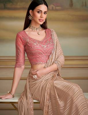 chikoo satin pattern georgette saree with tussar silk blend blouse  2