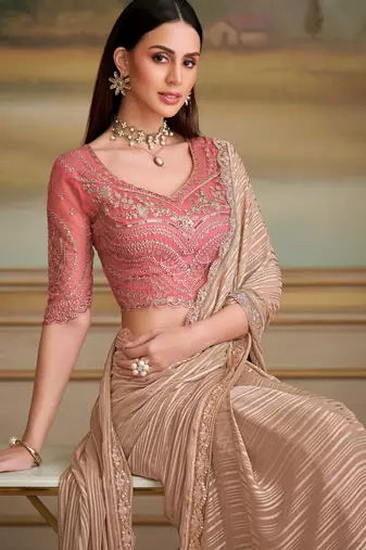 chikoo satin pattern georgette saree with tussar silk blend blouse 