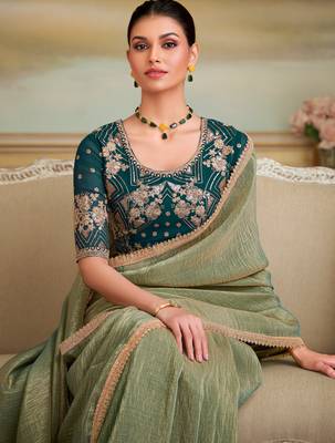 pista green gold georgette saree with georgette work blouse  2