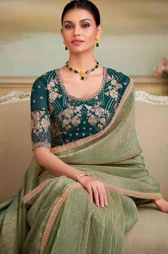 pista green gold georgette saree with georgette work blouse 
