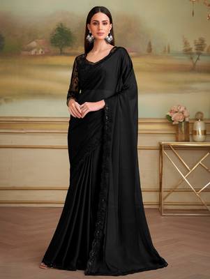 jet black satin chiffon saree with work blouse  1