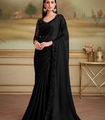 jet black satin chiffon saree with work blouse 