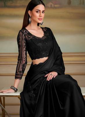 jet black satin chiffon saree with work blouse  2