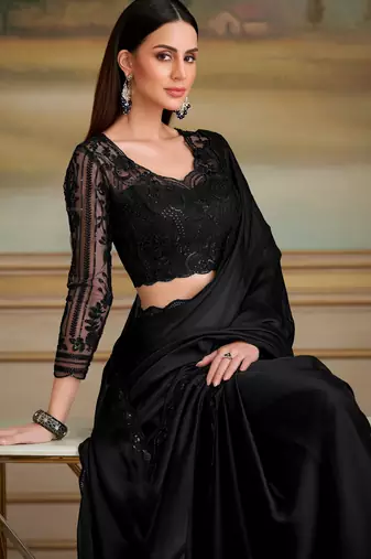 jet black satin chiffon saree with work blouse 