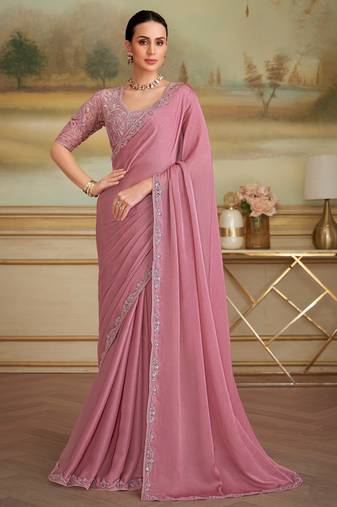 onion pink sparkle georgette saree with tussar silk blend blouse 