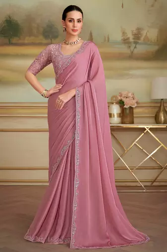 onion pink sparkle georgette saree with tussar silk blend blouse 