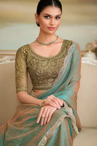 blossom georgette pattern saree with tussar silk blend blouse 