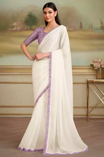 white sparkle georgette saree with tussar silk blend blouse 