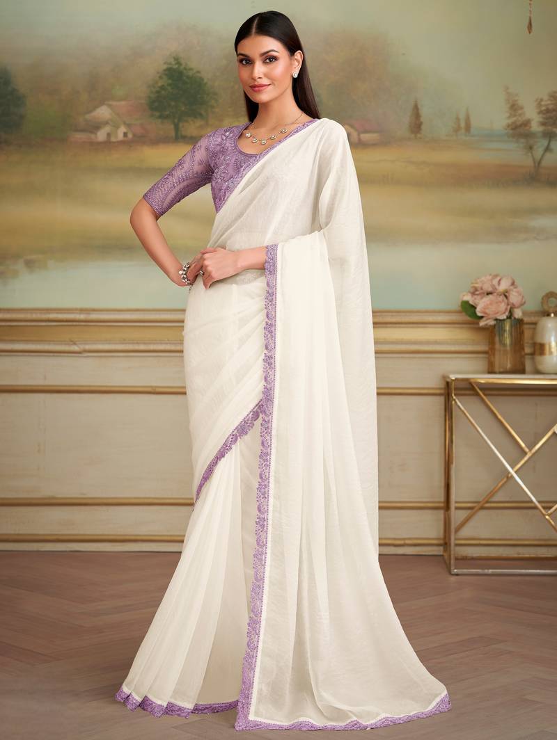 white sparkle georgette saree with tussar silk blend blouse 