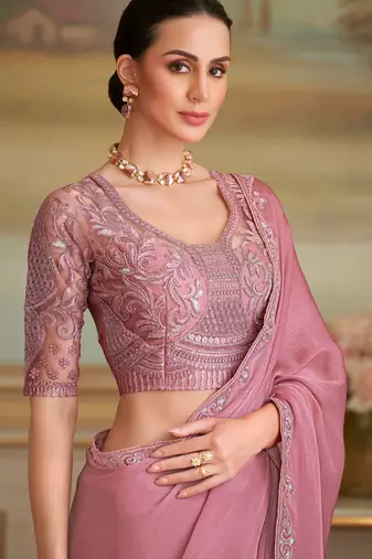 onion pink sparkle georgette saree with tussar silk blend blouse 
