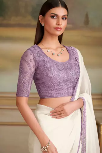 white sparkle georgette saree with tussar silk blend blouse 