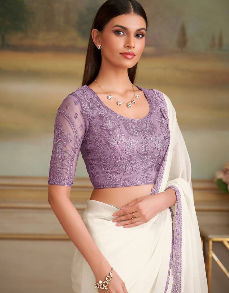 white sparkle georgette saree with tussar silk blend blouse 