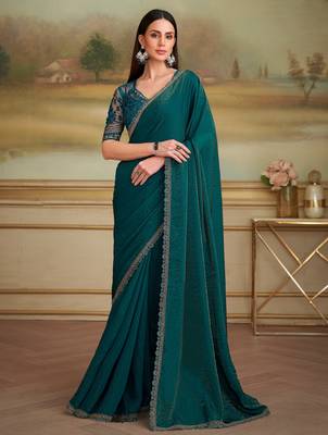 bottle green twilight georgette saree with tussar silk blend blouse  1