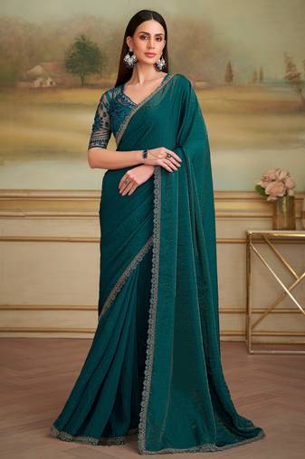 bottle green twilight georgette saree with tussar silk blend blouse 