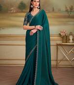 bottle green twilight georgette saree with tussar silk blend blouse 