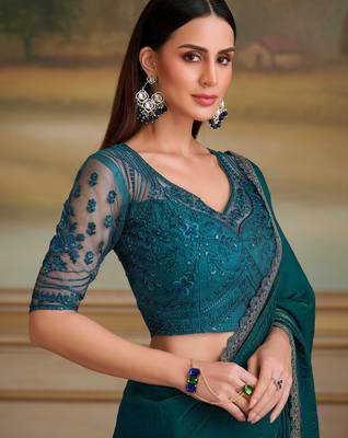 bottle green twilight georgette saree with tussar silk blend blouse  2