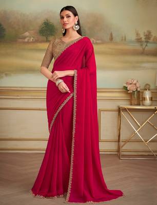 cherry red shining georgette saree with tussar silk blend blouse  1