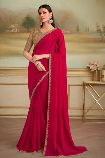 cherry red shining georgette saree with tussar silk blend blouse 