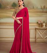 cherry red shining georgette saree with tussar silk blend blouse 