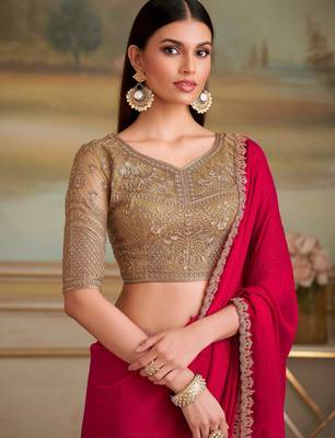 cherry red shining georgette saree with tussar silk blend blouse  2