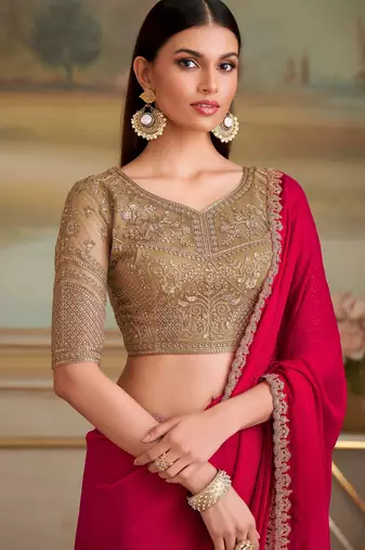 cherry red shining georgette saree with tussar silk blend blouse 