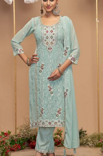 Light sea green color embroideried faux georgette semi stitched salwar suit