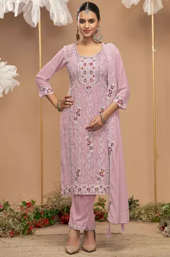 Light pink color embroideried faux georgette semi stitched salwar suit