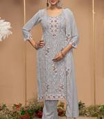 Light grey color embroideried faux georgette semi stitched salwar suit