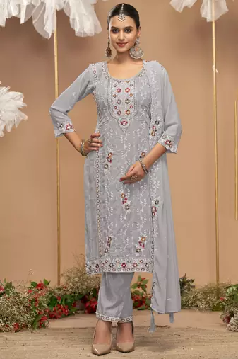 Light grey color embroideried faux georgette semi stitched salwar suit