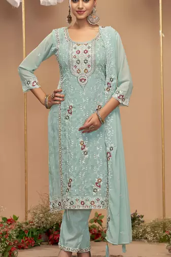 Light sea green color embroideried faux georgette semi stitched salwar suit